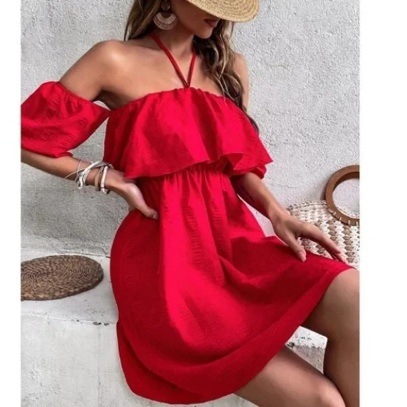 Tie Back Off Shoulder Ruffle Trim Dress - Picture 3 of 9